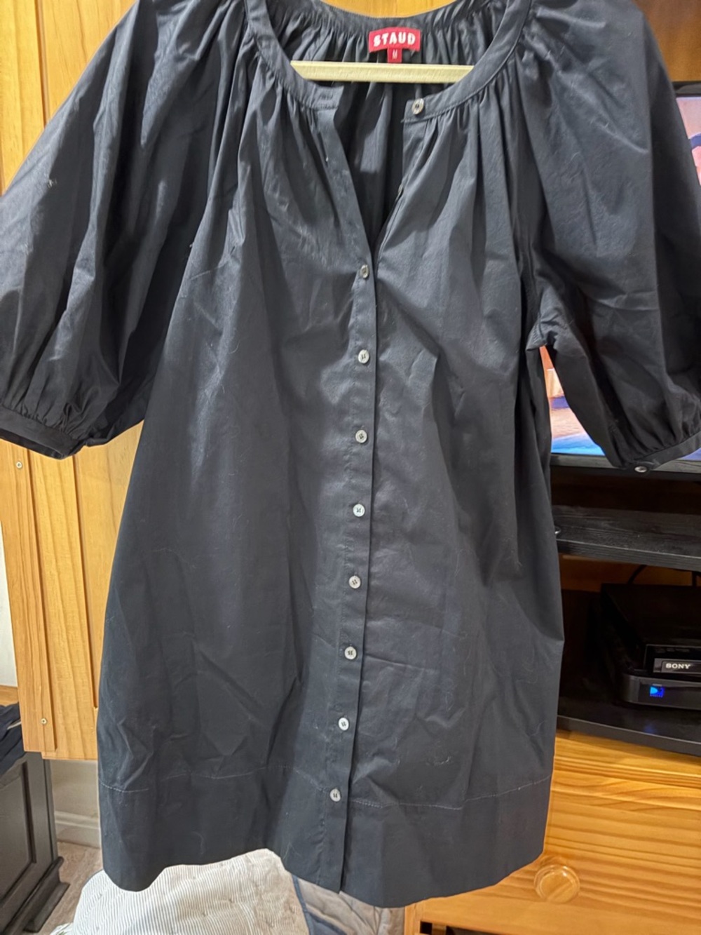 STAUD Mini Vincent Black Button-Front Puff Sleeve Tunic Dress - Picture 2 of 4